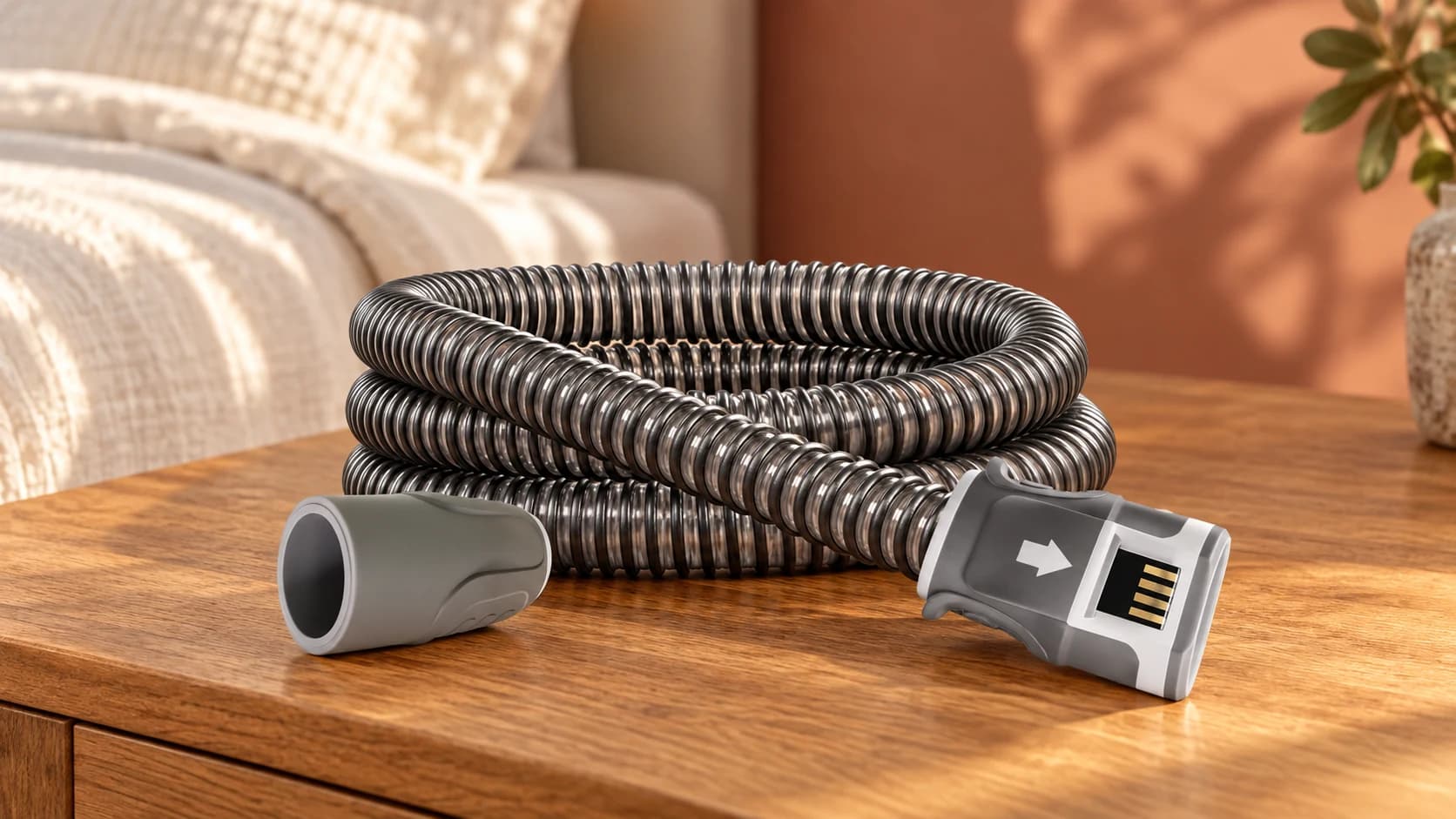 Coiled heated CPAP tubing on a warm oak nightstand